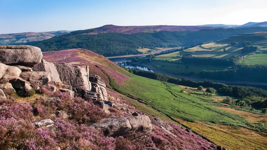 View from Whinstone Lee Tor, the gritstone of the hilltop in the foreground. Below ahead and to the right lies Ladybower reservoir with the Ashopton viaduct visible around the edge of the hillside. On the opposite side of the reservoir Win Hill Pike rises above the landscape.