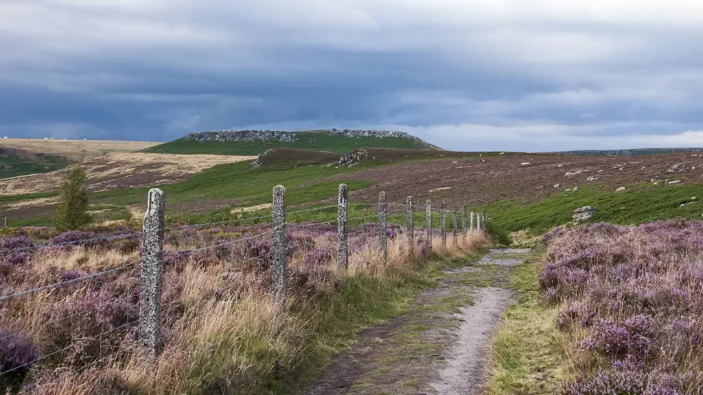 A clear path on the Higger Tor walk from Surprise View leads towards the plateau which stands against the skyline ahead.