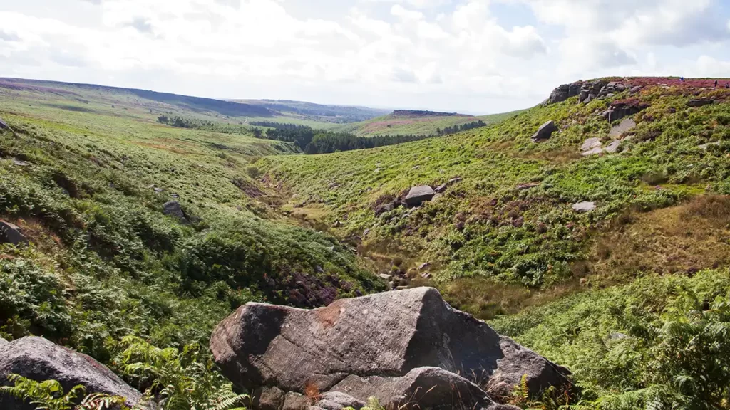 Burbage brook trickles downhill from Upper Burbage Bridge. Bracken and heather line the moorland on each side of the brook. In the distance the iron age hill fort of Carl Wark rises above the valley.