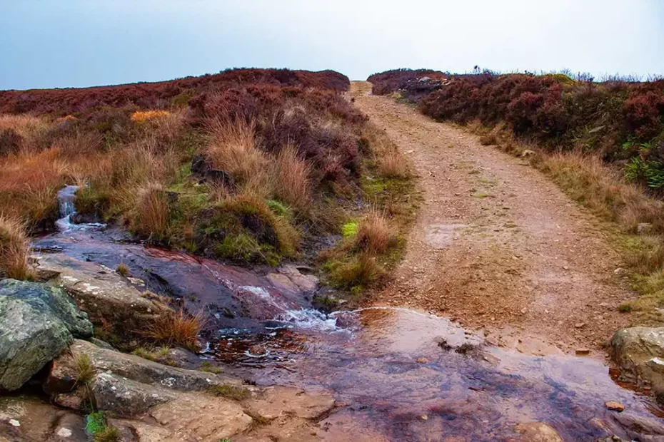 A beck runs across a moorland track over a ford